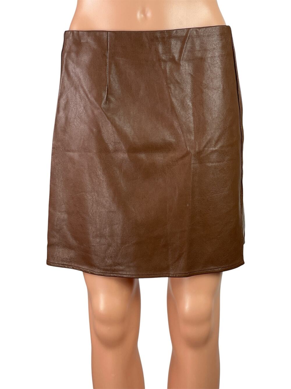 Isalis Women's Brown Faux Leather Vegan High Waist Slit A Line Mini Skirt Size L